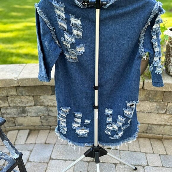 THRILL Denim Embroidered Distressed High-Low Mini Dress Size L - Picture 4 of 11